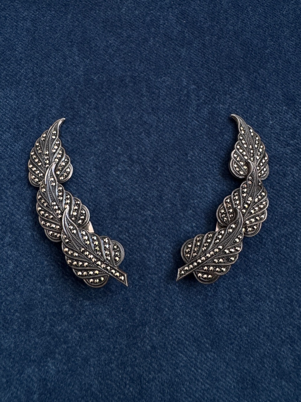 Rare - B.K Sterling Silver leaf and Marcasites Stone women’s clip on earrings